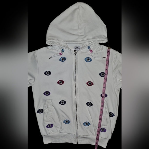 Lola + The Boys Evil Eye Hoodie Womens White Beaded Embroidered Zip Sz M - Picture 13 of 16